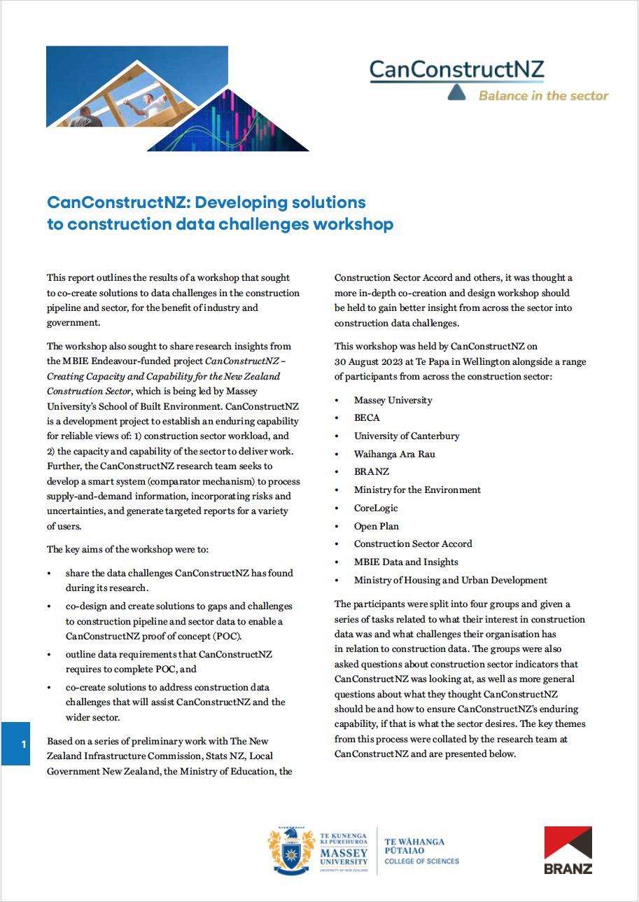 CanConstructNZ: Developing solutions to construction data challenges workshop Cover
